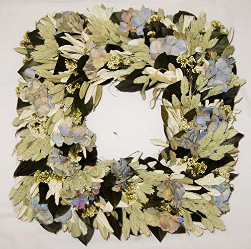 Square 15" Wreath with White and Light Blue Flowers and Cream Berries