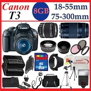 Canon EOS Rebel T3 (1100d) SLR Digital Camera w/ Canon 18-55mm IS Lens & Canon Zoom Telephoto 75-300mm III Lens, 3 Extra Lens, 8GB SDHC Memory Card, Soft Carrying Case, Tripod & Much More Canon EOS Rebel T3 (1100d) SLR Digital Camera w/ Canon 18-55mm IS Lens & Canon Zoom Telephoto 75-300mm III Lens, 3 Extra Lens, 8GB SDHC Memory Card, Soft Carrying Case, Tripod & Much More
