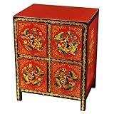 Handmade Asian Furniture - 30" Red & Black Tibetan Nightstand / Storage Cabinet With Peony Motif