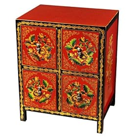 Handmade Asian Furniture - 30 Red and Black Tibetan Nightstand Storage Cabinet With Peony...