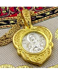 Sterling Silver 925 Gold Plate Saint St Mary Virgin Mary of Sorrows Seven Swords Icon Russian Icon Medal Chain Necklace !!
