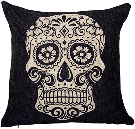 45x45cm Black Skull Halloween All Hallows' Eve Gift Present Linen Cushion Covers Pillow Cases Trick-or-treating with Gift Card