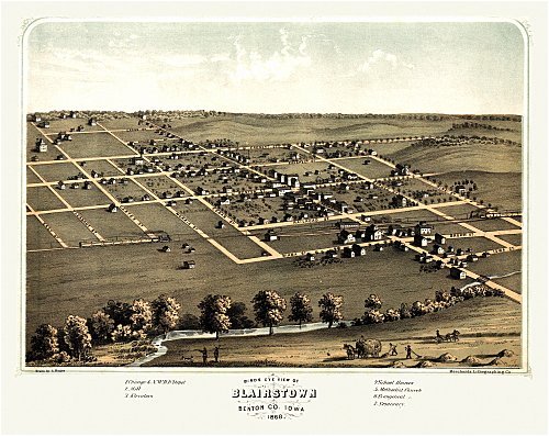 Historic Maps - Blairstown Bird's Eye View Map 1868 Iowa - Benton County - Bird's eye view of Blairstown, Benton Co., Iowa 1868. 36x54