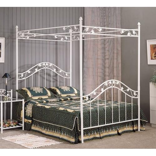 Full Size White Floral Metal Canopy Bed Headboard and Footboard