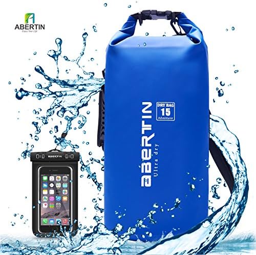 Abertin Waterproof Dry Bag 15L with Shoulder Strap Dry Compression Sack for Kayaking, Beach, Rafting, Boating, Hiking, Camping, Snowboarding + Waterproof Phone Case Bag (Blue)