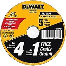 DEWALT DW8062B5 4-1/2-Inch by 0.045-Inch Metal and Stainless Cutting Wheel, 7/8-Inch Arbor, 5-Pack
