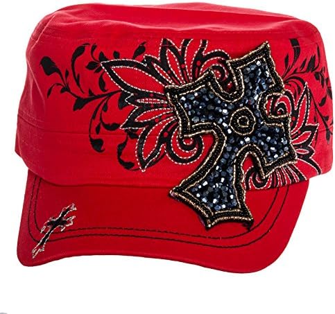 Crystal Case Womens Cotton Classic Rhinestone Cross Cadet Cap Hat (Coral)