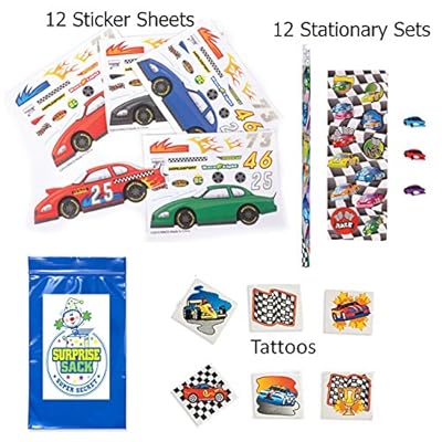 Race Car Party Favor Pack for 12 (12 Make-a-race Car Sticker Sheets, 12 Race Car Pencil Stationary Sets, & 36 Racing Tattoos)