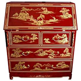 Fine Quality Asian Furniture & D�cor - 42" Oriental Red Lacquer Drop Front Secretary Desk