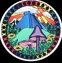 Round Sticker / Decal with Aztec Like Pyramid, Mushrooms, Flowers, Sun, Mountain, Trees & Clouds