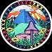 Round Sticker / Decal with Aztec Like Pyramid, Mushrooms, Flowers, Sun, Mountain, Trees & Clouds