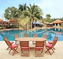 Big Sale LuuNguyen - Alice 11-Piece Extension / Expandable Hardwood Outdoor Furniture Dining Set with Cushions(Natural Wood Finish) - Tango Red