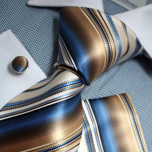 Blue Stripes Woven Silk Neckie Hanky Cufflinks Gift Box Set dodger blue gift for holidays Pointe Tie PH1130
