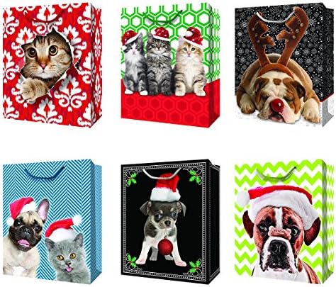 Christmas Holiday Animal Pets Dogs &amp; Cats Designs Gift Bags, Multicolor, Green, Red, White, Blue, Black, 6 Pack Assorted, Medium, 10" x 13" x 5.5"