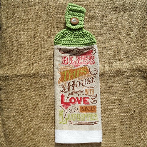 Crocheted Top Hanging Kitchen Towel, Double Sided, Bless This House with Love and Laughter