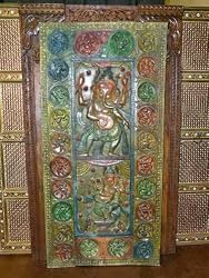 Antique India God Ganesha Carved Wall Panel Door Shutter 72"