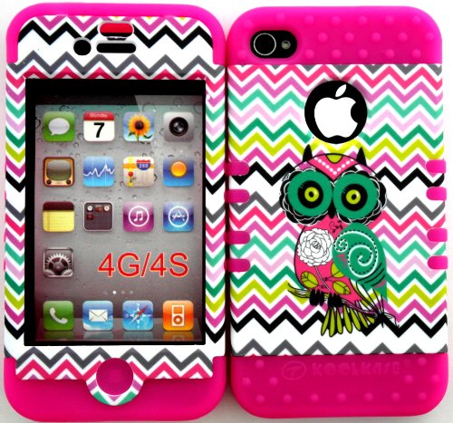 Bumper Case for Apple iphone 4 4G 4S Colorful Chevron Waves with Owl hard plastic snap on over Pink Silicone Gel