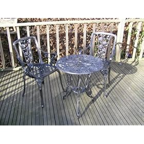 4pc Antiqu Silver Cast Aluminium Garden Furniture Bistro Set Round 60cm table, 2 Carver Armchairs and Matching Base