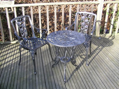4pc Antiqu Silver Cast Aluminium Garden Furniture Bistro Set Round 60cm table, 2 Carver Armchairs and Matching Base top Bistro sets 4pc Antiqu Silver Cast Aluminium Garden Furniture Bistro Set Round 60cm table, 2 Carver Armchairs and Matching Base picture