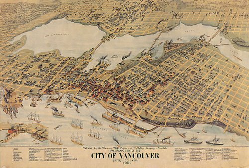 BIRDS EYE VIEW CITY OF VANCOUVER BRITISH COLUMBIA CANADA MAP SMALL VINTAGE POSTER REPRO