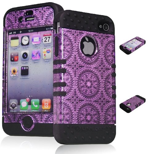 Bastex Heavy Duty Hybrid Case for iPhone 4, 4s, 4th Generation - Black Silicone / Purple Swirls & Circles Antique Design Hard Shell