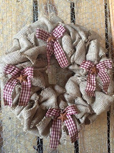 Burlap Wreath with Rustic Gingham Bows & Metal Star