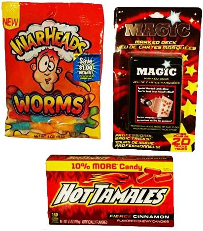 3pc. "Quality Time" Teen and Tween Gift Activity Set Hot Tamale Candy, Warheads Sour Worms, and Magic Card Deck