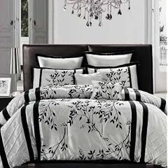 8 PC ELEGANT SILVER AND BLACK FLORAL FLOCKING COMFO