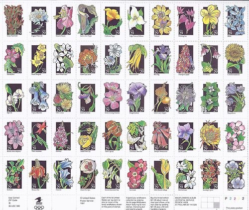 29¢ Wildflowers Stamp Sheet of 50 Commemorative series Scott 2647-2696