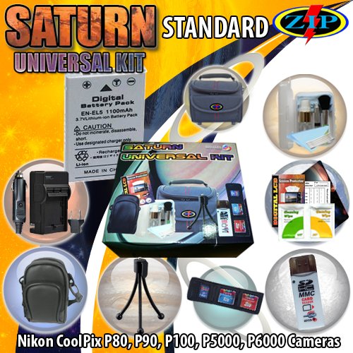 saturn universal kit standard for coolpix p510, nikon coolpix p80, p90, p100, p5000, p6000 includes: thezipkit camera bag, leatherette case, 1 en-el5 1100 mah battery, mini ac/dc charger, 5-in-1 cleaning kit, mini-wire tripod, usb card reader/ writer, and more