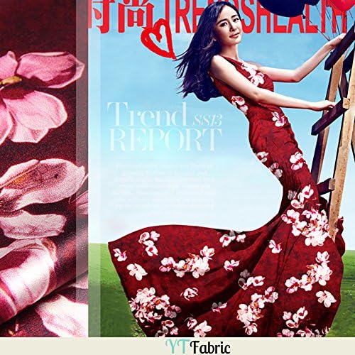 Red Stretch Silk Satin Fabric with Magnolia Flowers Pattern By The Yard