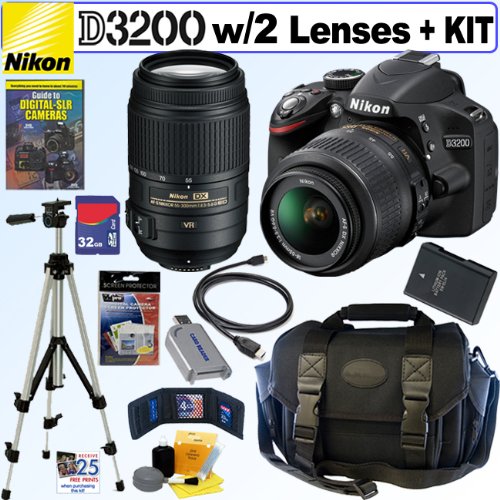 Nikon D3200 24.2 MP CMOS Digital SLR Camera with 18-55mm f/3.5-5.6G AF-S DX VR and 55-300mm f/4.5-5.6G ED VR AF-S DX NIKKOR Zoom Lenses + EN-EL14 Battery + 32GB Deluxe Accessory Kit