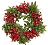 Good Tidings 30-Inch Decorative Wreath with Red Berries, Cedar Leaves, and Ice Crystals