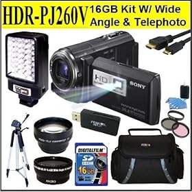 Sony HDR-PJ260V High Definition Handycam 8.9 MP Camcorder Package W/ 16GB SD Memory + 2X Telephoto Lens + Wide Angle Lens + Video Light + Case + Tripod & Much More!!!
