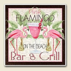 AbsorbaStone Coaster set~Pink Flmingo Bar and Grill ~4 Tile Drink Coasters ~ code 353