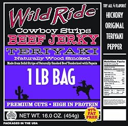 Wild Ride Beef Jerky Cowboy Strips, Teriyaki, 16-Ounce Bag