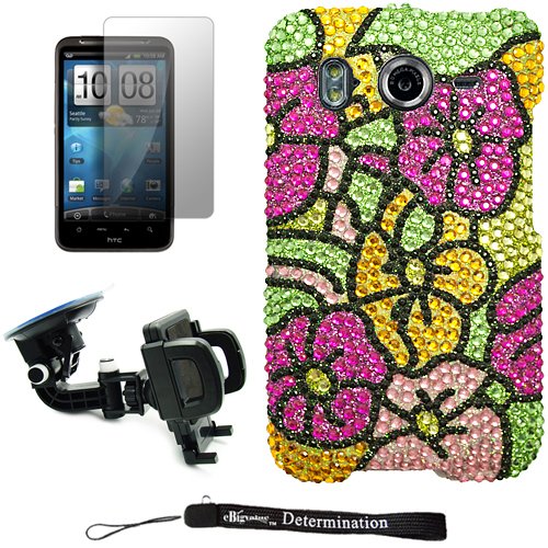 Hawaiian Flowers Luxury Design Premium Crystal Shiny Rhinestone Carrying Cover Protective Case for HTC Inspire 4G Android Cell Phone ( AT&T ) * Includes a 360° Rotatable Windshield Mount * Includes Anti Glare Screen Protector Guard.