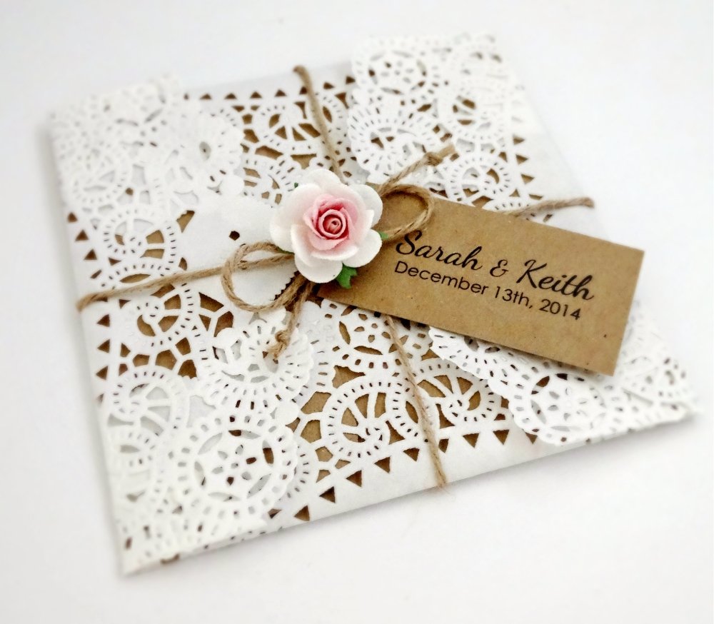 Set of 25 Invitations with RSVP cards, Wedding, Lace Invitation, Doily, Wedding, Recycled, Paper Rose, White, Pink, Retro, Burlap, Invitation Set, Country, Rustic, ECO









	




























 1