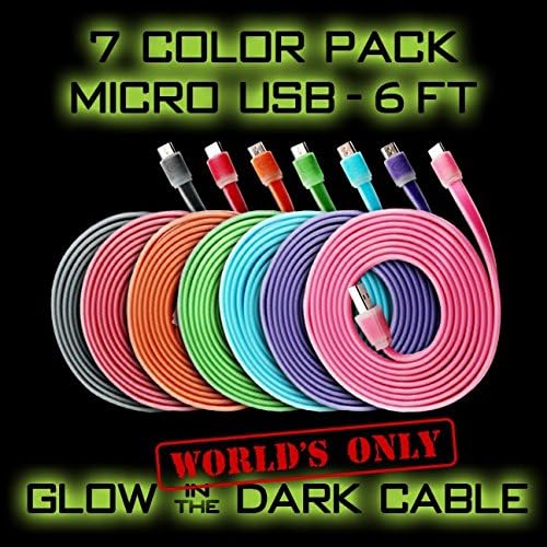 Color Cables: Micro USB Charge and Sync Data Cables (7 PACK - FULL COLOR SET - 6FT) Glow In The Dark - 1.8M Extra Long - Tough - No Tangle - Premium Micro USB B to USB A Male Cable (LIFETIME WARRANTY)