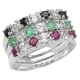 Classic 1.64 Carat Genuine Emerald, Ruby and Sapphire Sterling Silver Ring Set