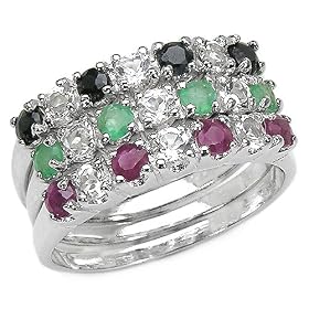Buy Classic 1.64 Carat Genuine Emerald, Ruby and Sapphire Sterling Silver Ring Set by JewelzDirect