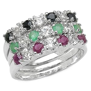 Classic 1.64 Carat Genuine Emerald, Ruby and Sapphire Sterling Silver Ring Set by