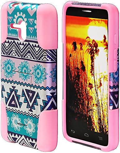 Alcatel OneTouch Fierce XL 5054 Phone Case / ITUFFY 3items: Screen Film+Stylus Pen+Dual Layer Impact Resistance Plastic Cover Soft Rubber KickStand Hybrid Case (Blue Aztec Flower - Light Pink)