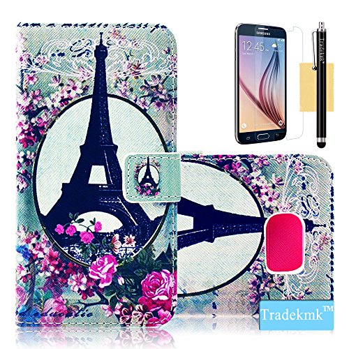 S6 Case, Galaxy S6 Wallet Case, Tradekmk(TM) Brand New Stylish PU Leather Stand Wallet Slim Protector Case Cover[Colored Drawing Pattern] For Samsung Galaxy S6 [+Stylus+Screen Protector+Cleaning Cloth]-(Series-E)