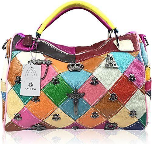 Avber Womens Western Style Cow Leather Cross Studded Multifunctional Motorcycle Handbag Shoulder Bag Multicoloured