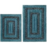 Cotton Craft Bath Rug Set, Tweed Race Track Pattern, Cotton, Spa Blue Chocolate (2 Piece)