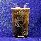 Custom Etched USMC Emblem on 16 Oz Pint Glass Set of 4