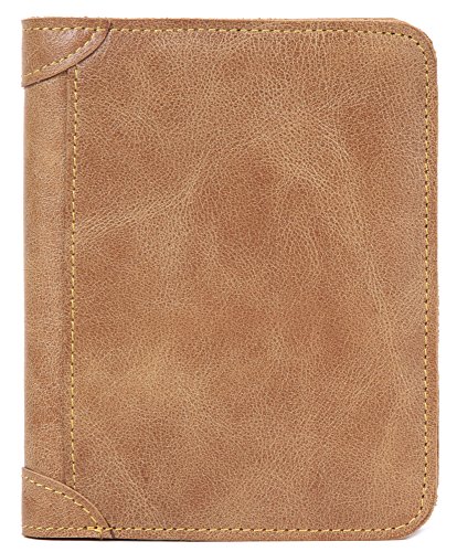 Borgasets Men's Soft Leather Extra Capacity Slim Fold Wallet (Khaki-erect)