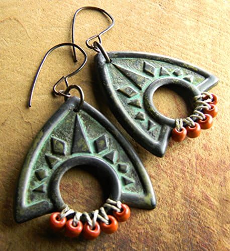 Tribal Shield Earrings Orange Beaded Green Patina