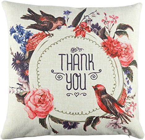 Elyhome 18x18 inches Birds Floral Wreath with Wording "Thank You" Thanksgiving Theme Cotton Linen Decorative Square Cushion Throw Pillow Cover